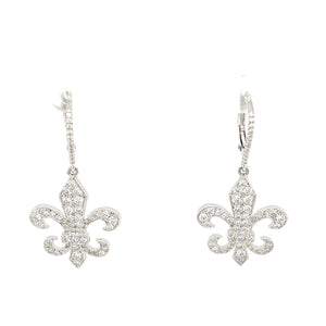14k White Gold Diamond Medium Fleur de Lis Dangle Earrings