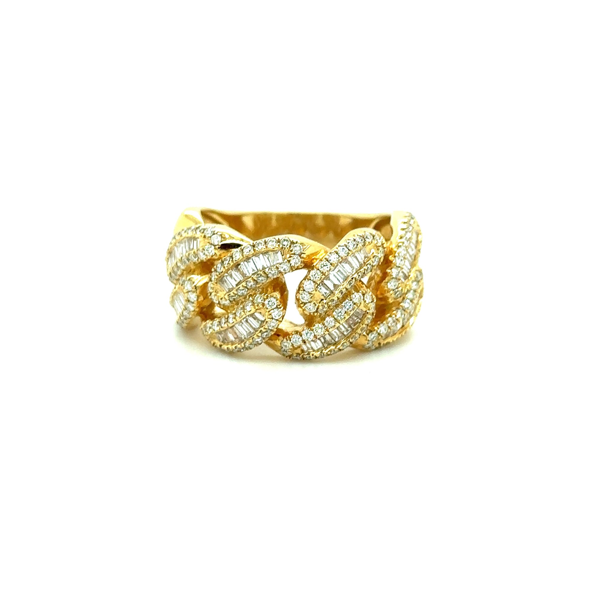 14k Yellow Gold Round Brilliant & Baguette Diamond Cuban Link Ring