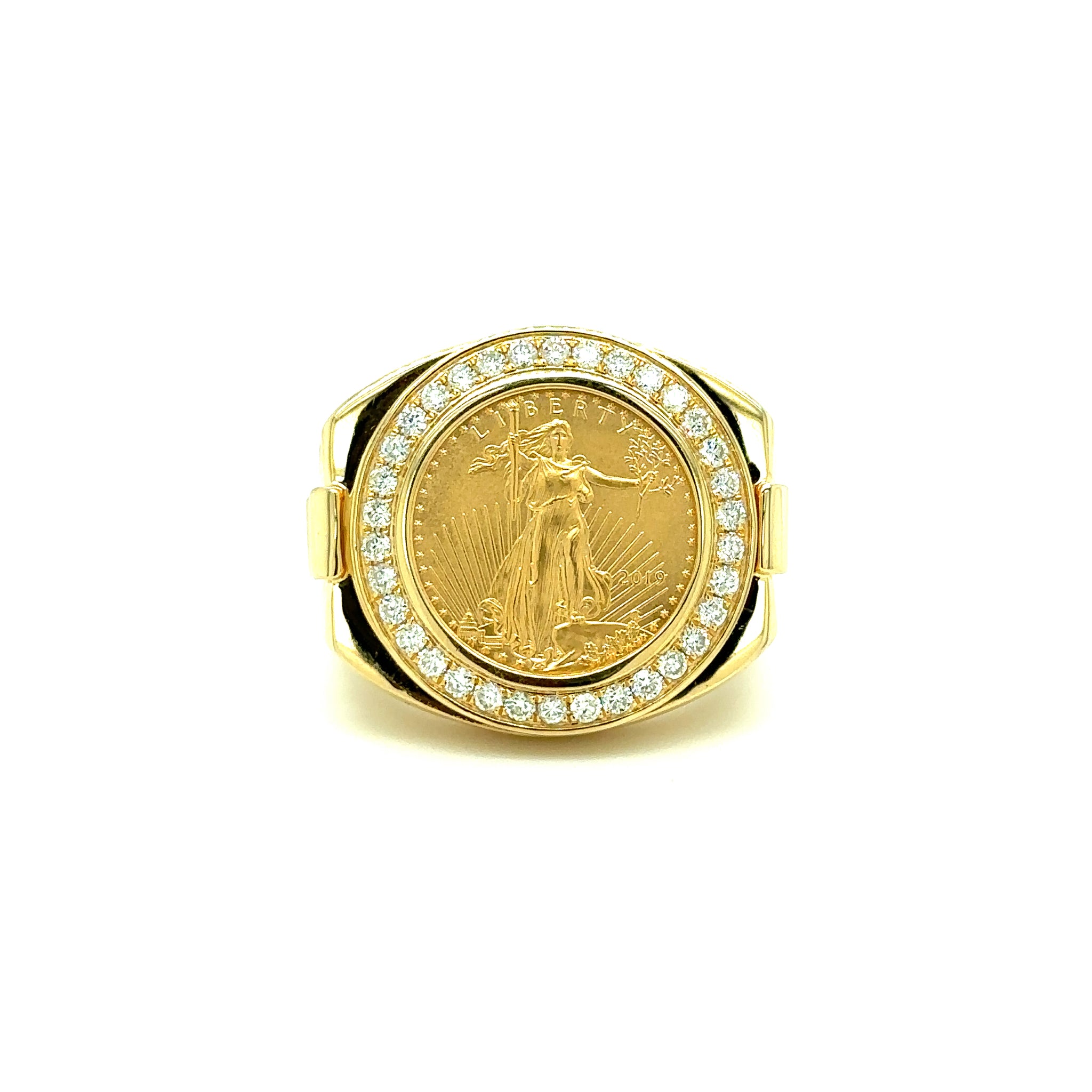 14k Yellow Gold 1/10 oz 24k Gold Liberty Coin Diamond Halo Ring