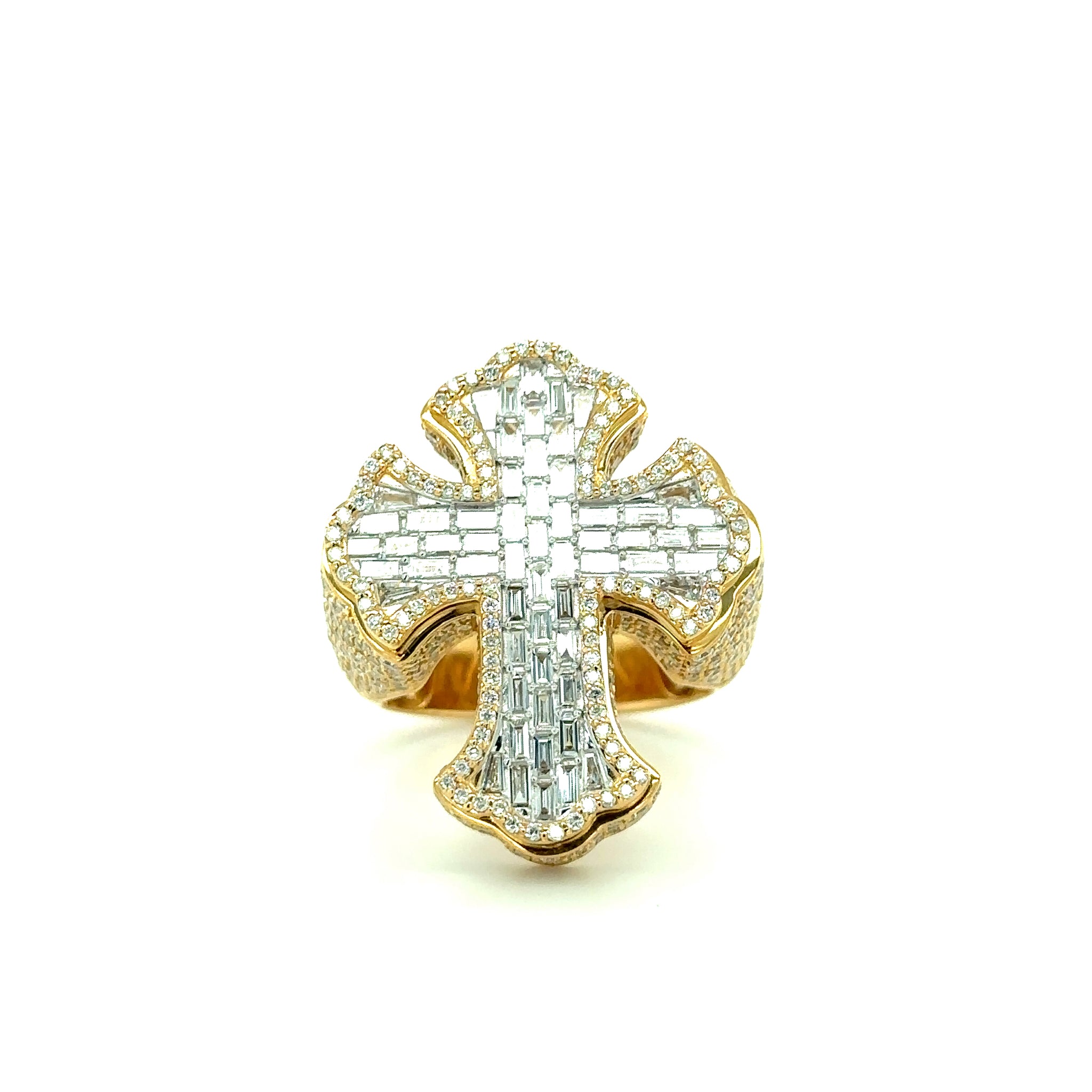 14k Yellow Gold Baguette & Round Brilliant Cut Diamond Cross Ring