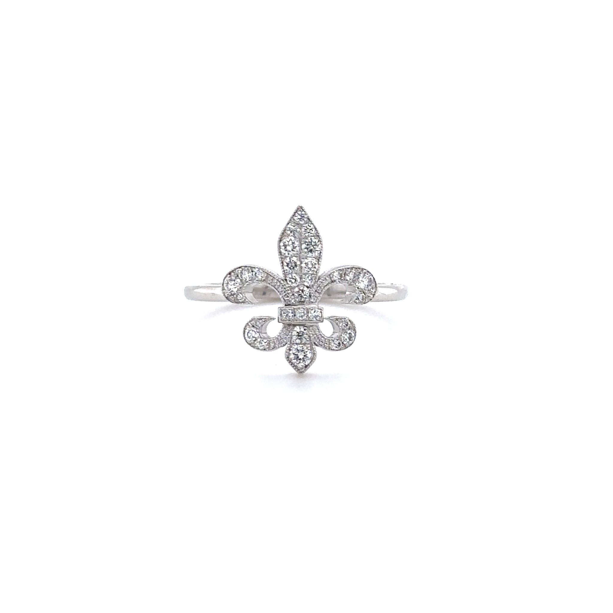 14k White Gold Small Solid Diamond Fleur de Lis Ring
