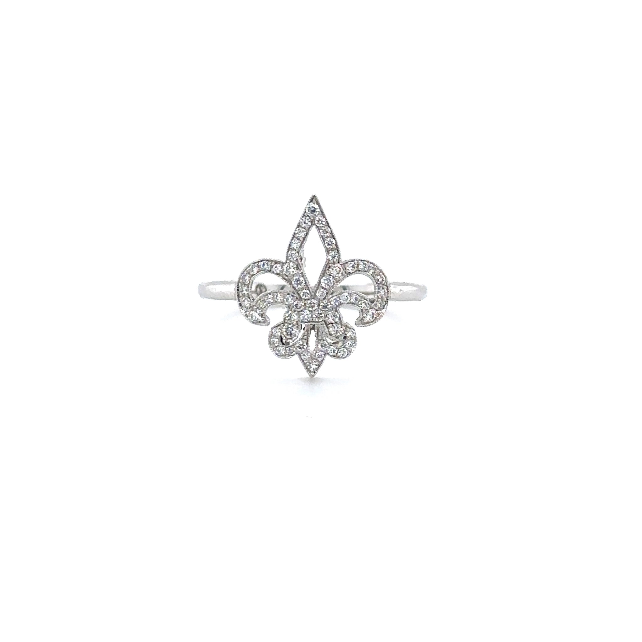 14k White Gold Small Outline Diamond Fleur de Lis Ring