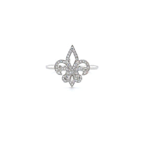 14k White Gold Small Outline Diamond Fleur de Lis Ring