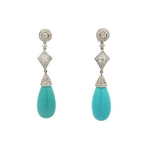 18k White Gold 53.92ctw Turquoise and Diamond Drop Earrings