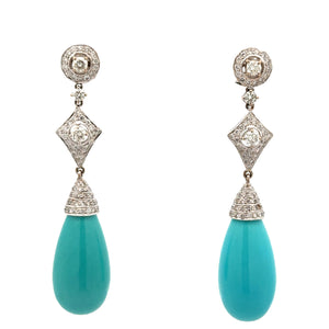18k White Gold 53.92ctw Turquoise and Diamond Drop Earrings