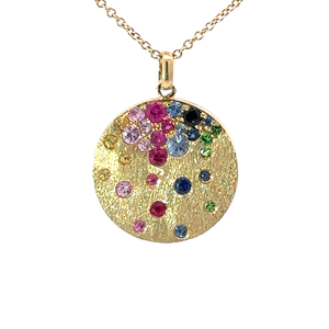 14k Yellow Gold .62ctw Rainbow Sapphire, Ruby, and Tsavorite Garnet Disk Pendant Necklace