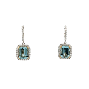 18k White Gold 5.96ctw Emerald Cut Aquamarine Diamond Halo Dangle Earrings