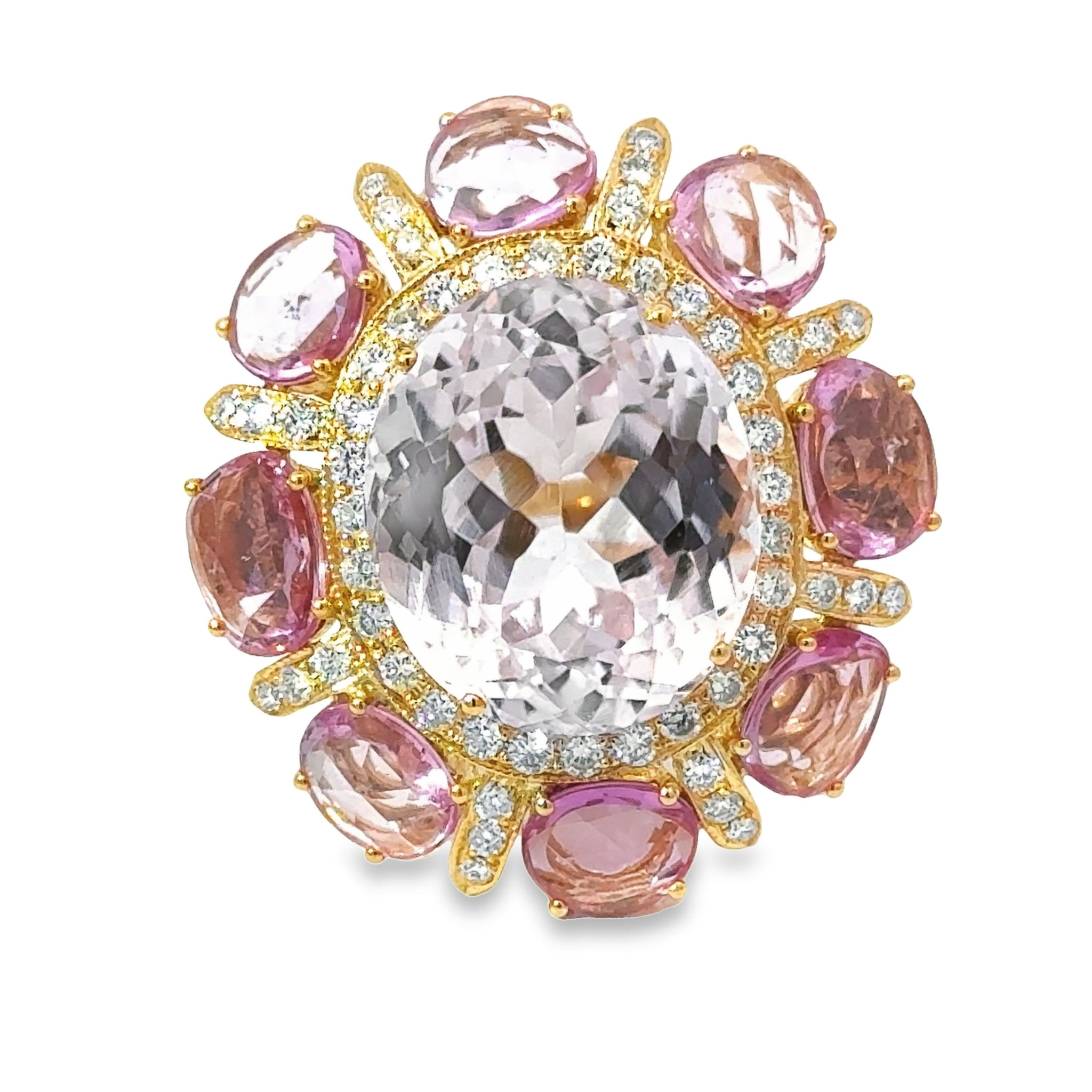 18K Yellow Oval Kunzite and Pink Sapphire Ring