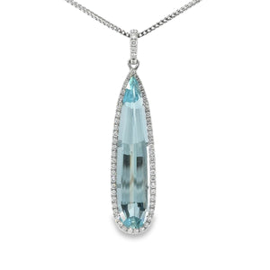 18K White Gold Pear Aquamarine Necklace With Diamond Halo