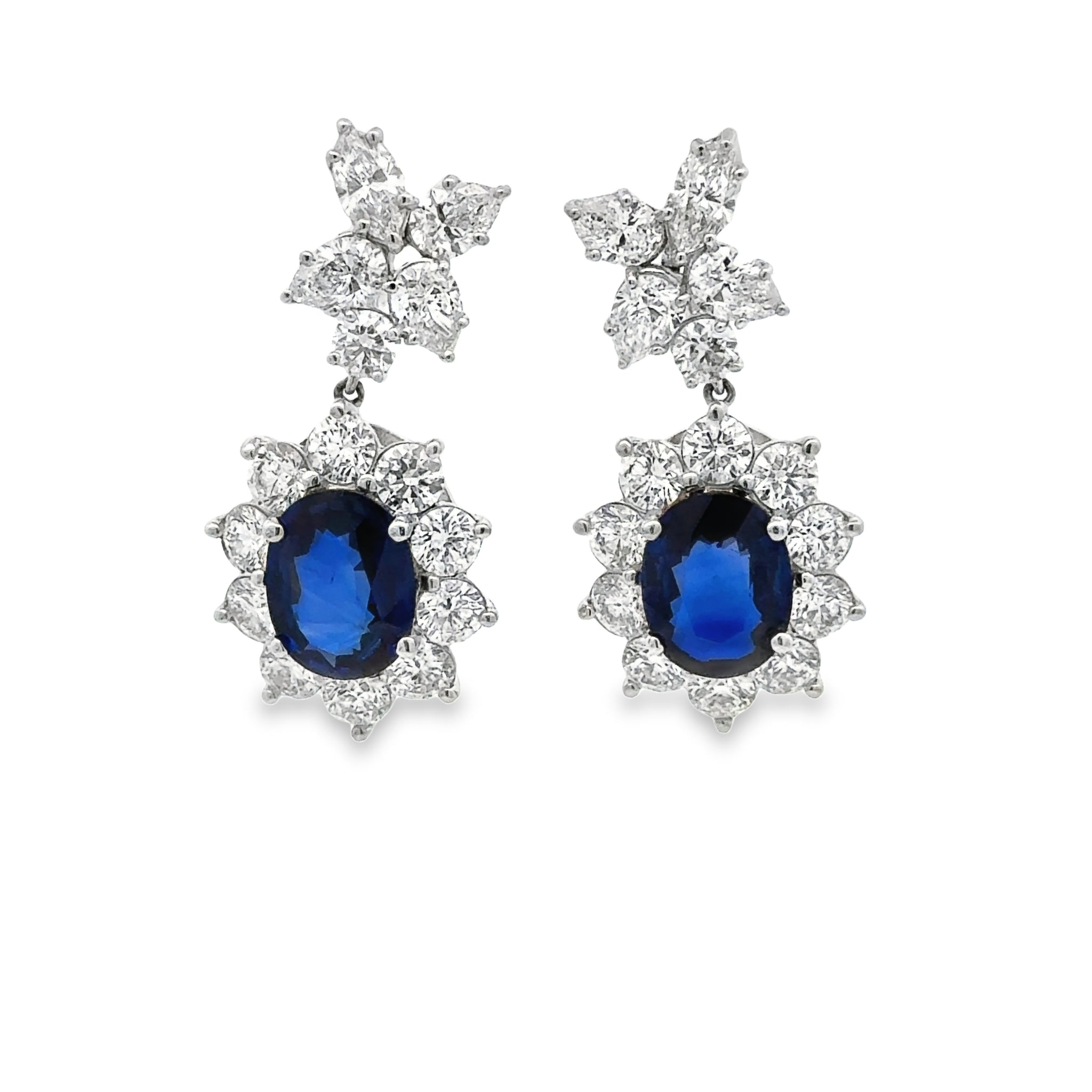 18k White Gold Oval Sapphire And Diamond Halo Drop Earrings