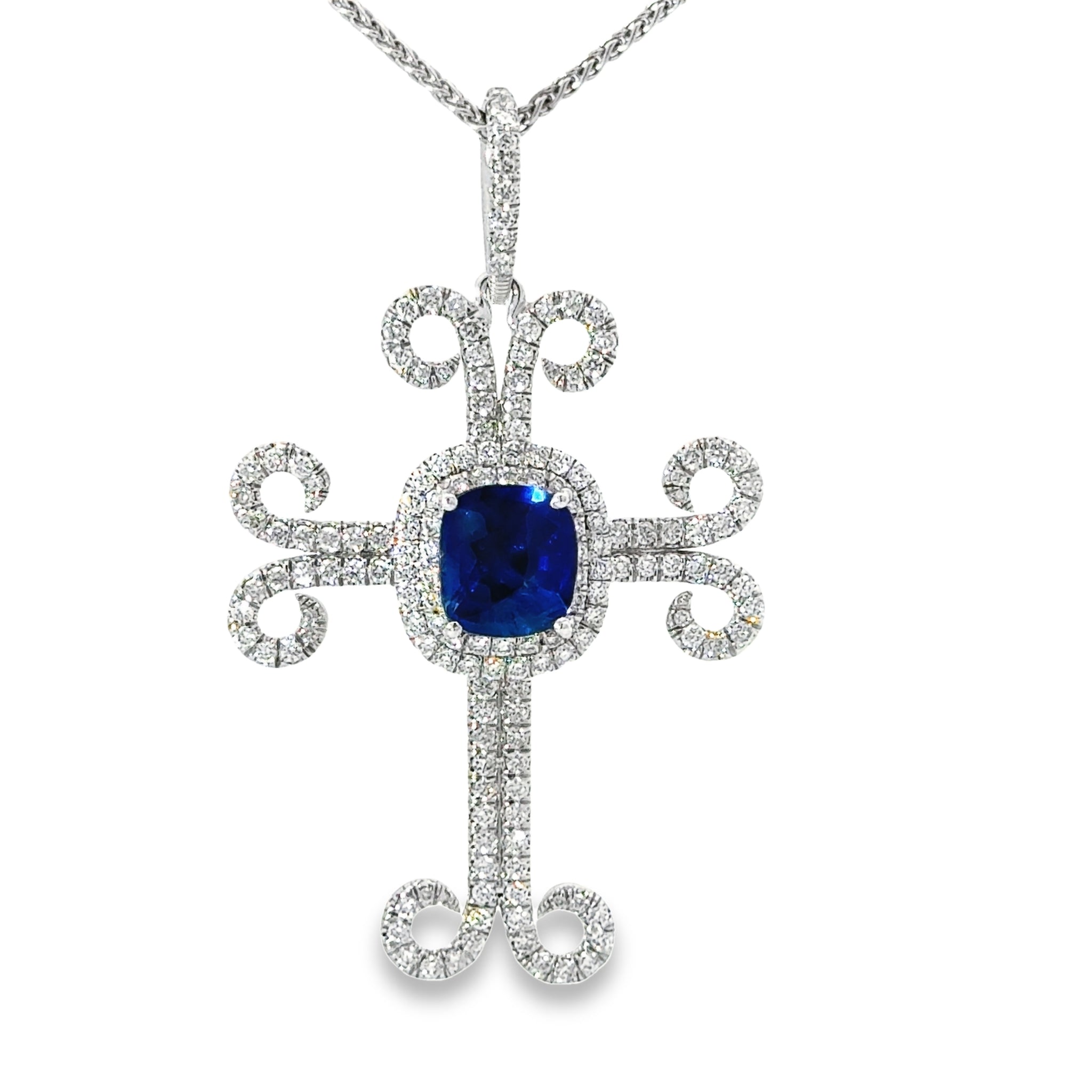 18k White Gold Sapphire And Diamond Cross Pendant