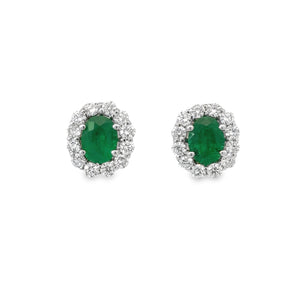 18k White Gold Oval Green Emerald And Diamond Halo Stud Earrings