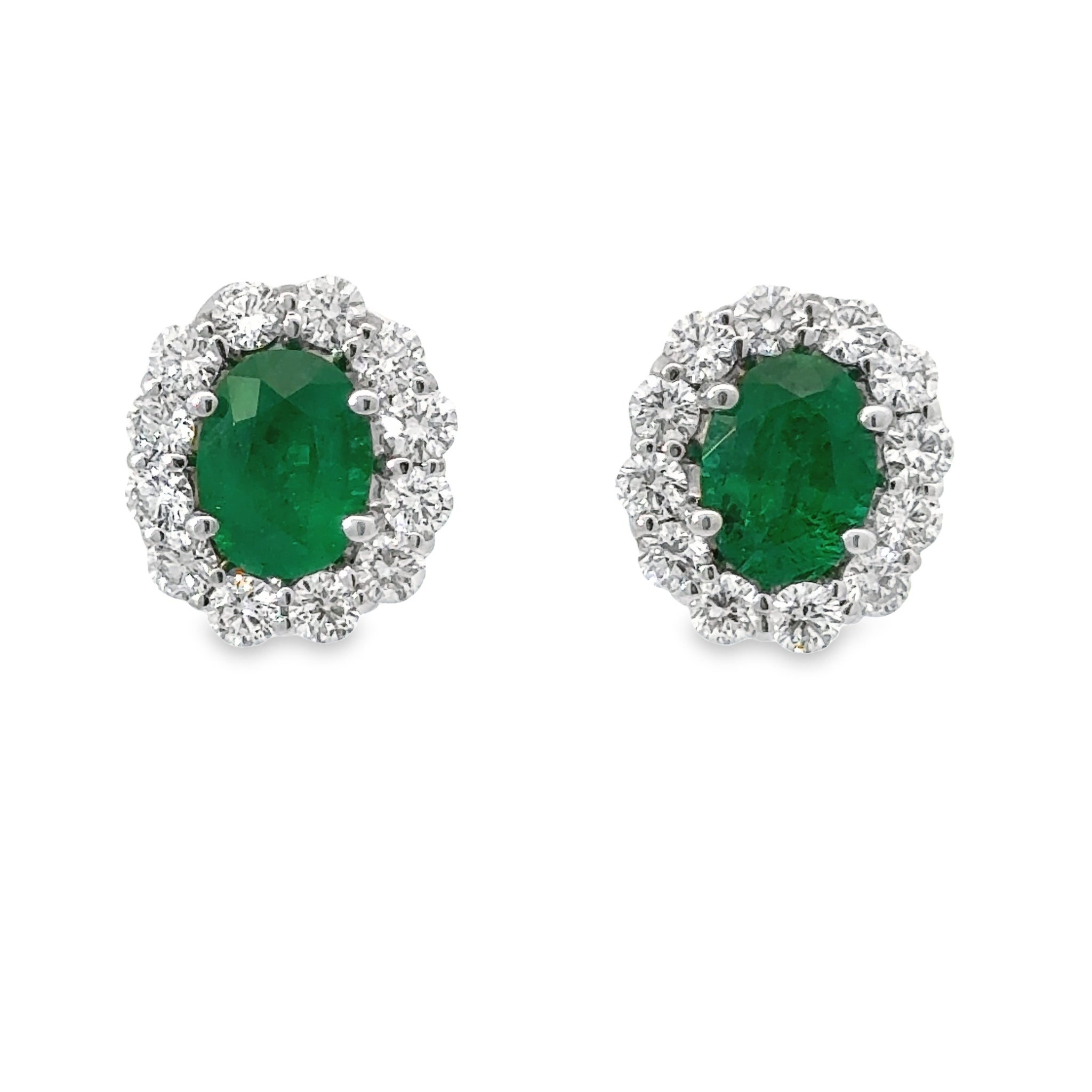 18k White Gold Oval Green Emerald And Diamond Halo Stud Earrings