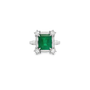 18K White Square Emerald Ring with Baguette And Round Halo