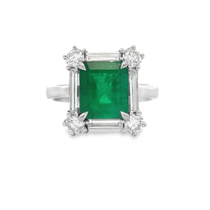 18K White Square Emerald Ring with Baguette And Round Halo