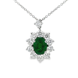 18k White Gold Emerald And Diamond Halo Pendant