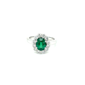 18k White Gold Oval Cut Emerald Halo Diamond Ring