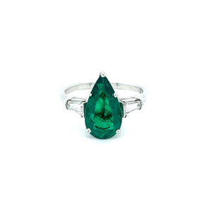 Platinum Pear Shape 1.58ct Colombian Emerald Ring with .40ctw Tapered Baguette Diamonds