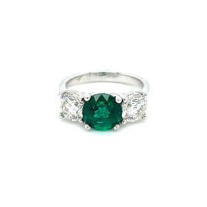Platinum 2.25ct Round Cut Emerald 3-Stone Ring with 2.04ctw Round Brilliant Cut Diamonds