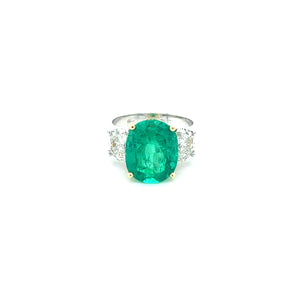 Platinum & 18k Yellow Gold 4.82ct Oval Cut Emerald Ring with Half Moon Diamonds