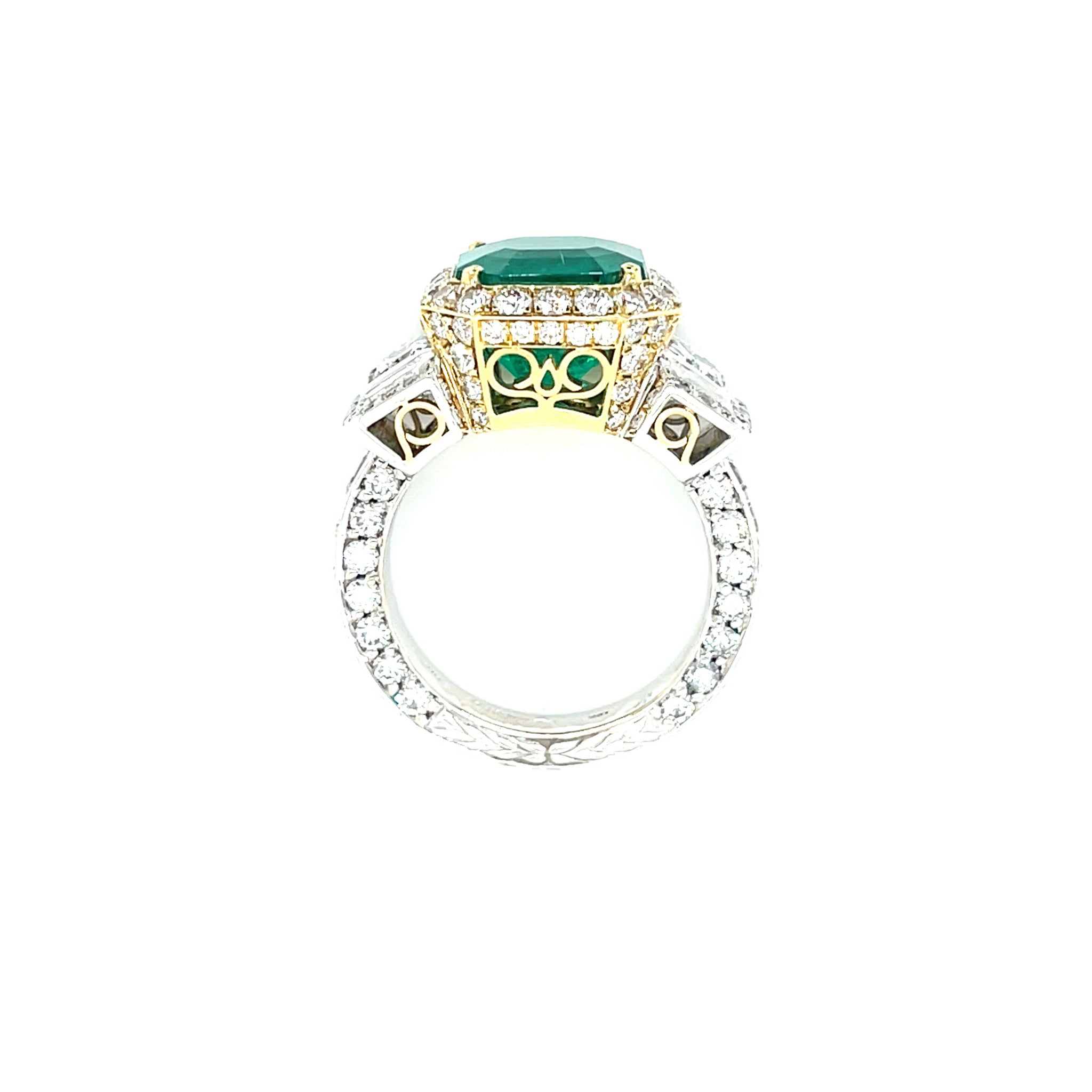 18k White & Yellow Gold 5.67ct Asscher Shape Emerald Pave Diamond Ring with Trapezoid Diamonds