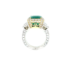 18k White & Yellow Gold 5.67ct Asscher Shape Emerald Pave Diamond Ring with Trapezoid Diamonds