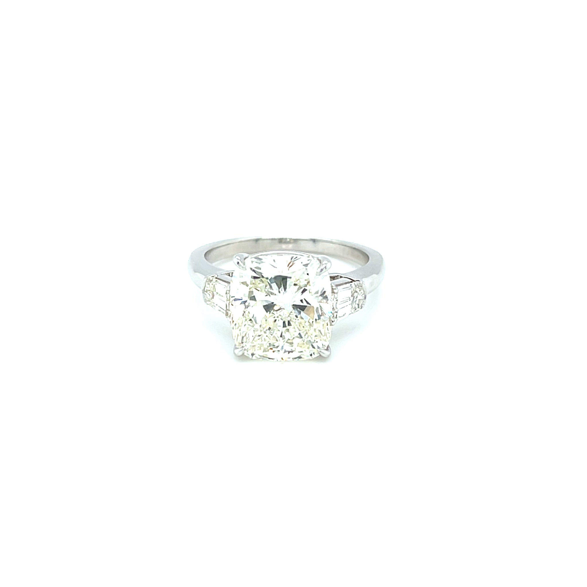 Platinum 5.05ct Cushion Diamond Engagement Ring with Bullet Diamond Side Stones