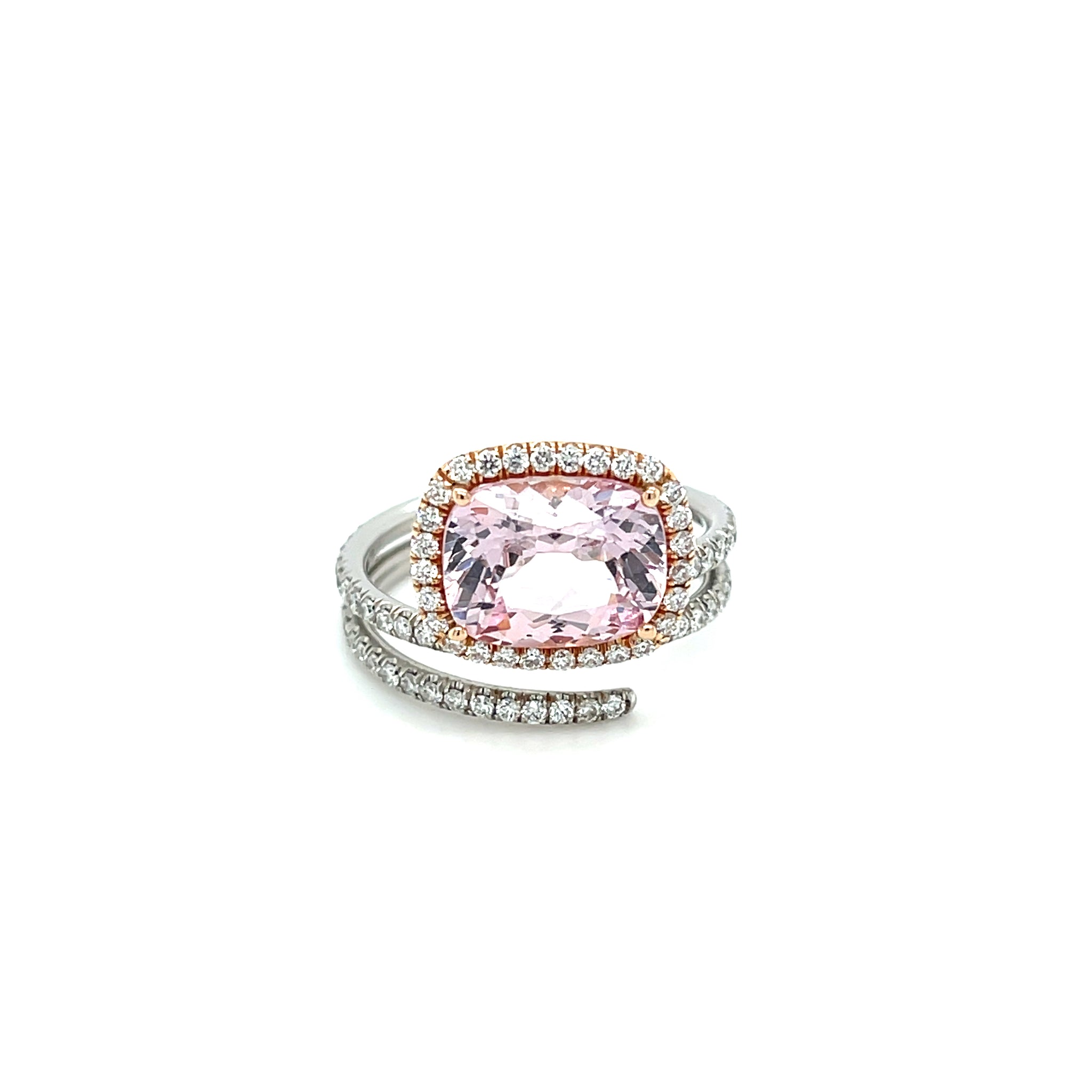 Platinum & 18k Rose Gold 3.49ct Cushion Cut Pink Spinel Diamond Halo Coil Ring