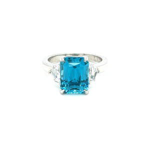 Platinum 6.67ct Radiant Cut Blue Zircon with Cadillac Cut Diamonds Ring