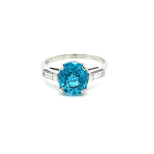 Platinum 4.81ct Oval Cut Blue Zircon Baguette Diamond Accent Ring
