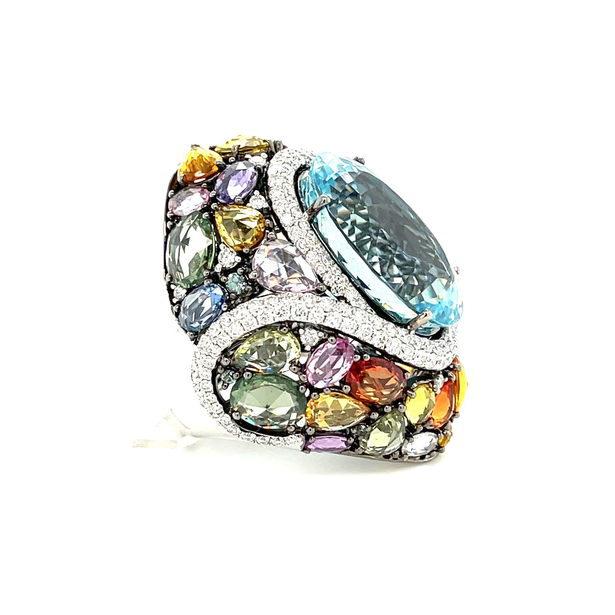18k White Gold 23.75ct Oval Cut Aquamarine Multi-Colored Rose Cut Sapphire Ring