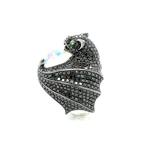 18k White Gold 9.24ctw Black Diamond "Bat" Holding 4.46ct Mexican Jelly Opal Ring