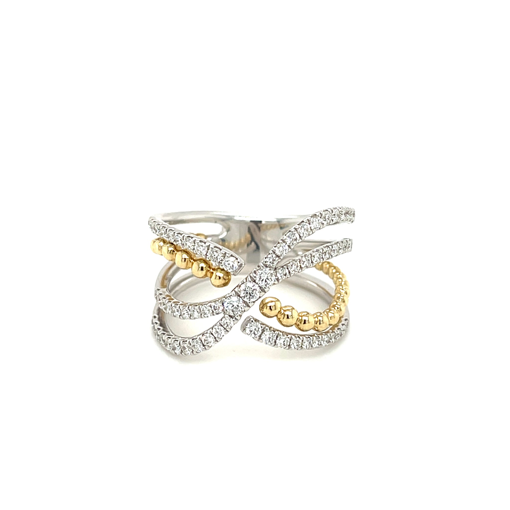 14k White & Yellow Gold .62ctw Diamond Criss-Cross Beaded Accent Ring