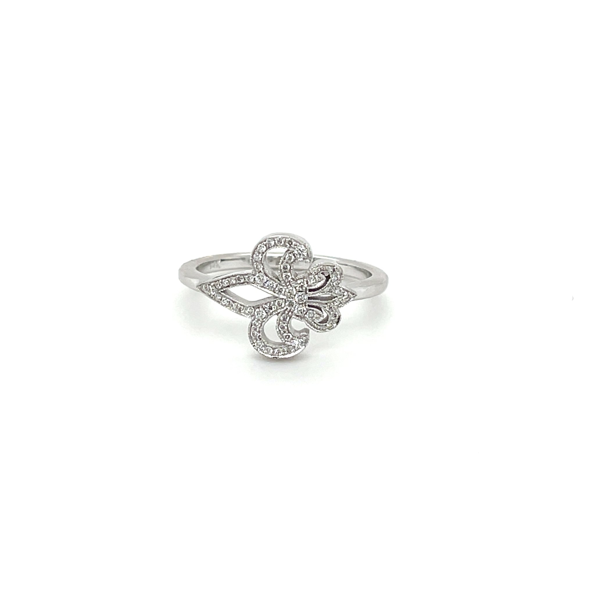 14k White Gold .24ctw Diamond Pave Sideways Fleur de Lis Ring