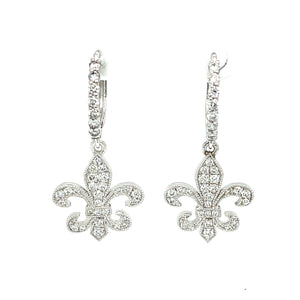14k White Gold Diamond Mini Fleur de Lis Dangle Earrings