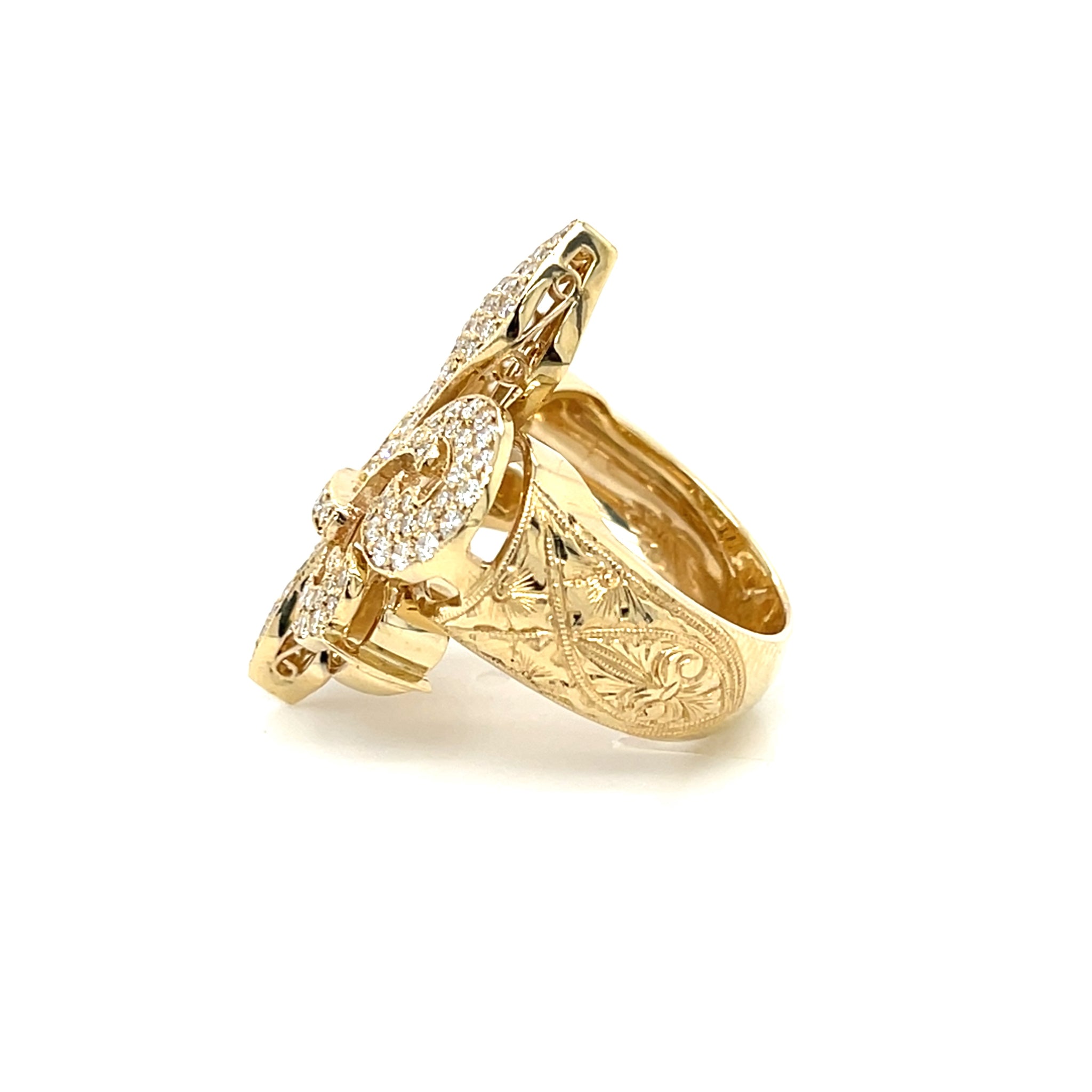 14k Yellow Gold 2.10ctw Large Pave Diamond Fleur de Lis Ring