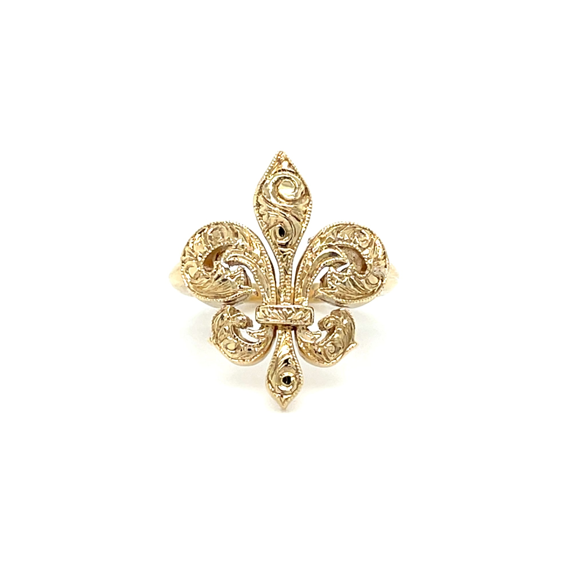 14k Yellow Gold Hand Engraved Fleur de Lis Ring