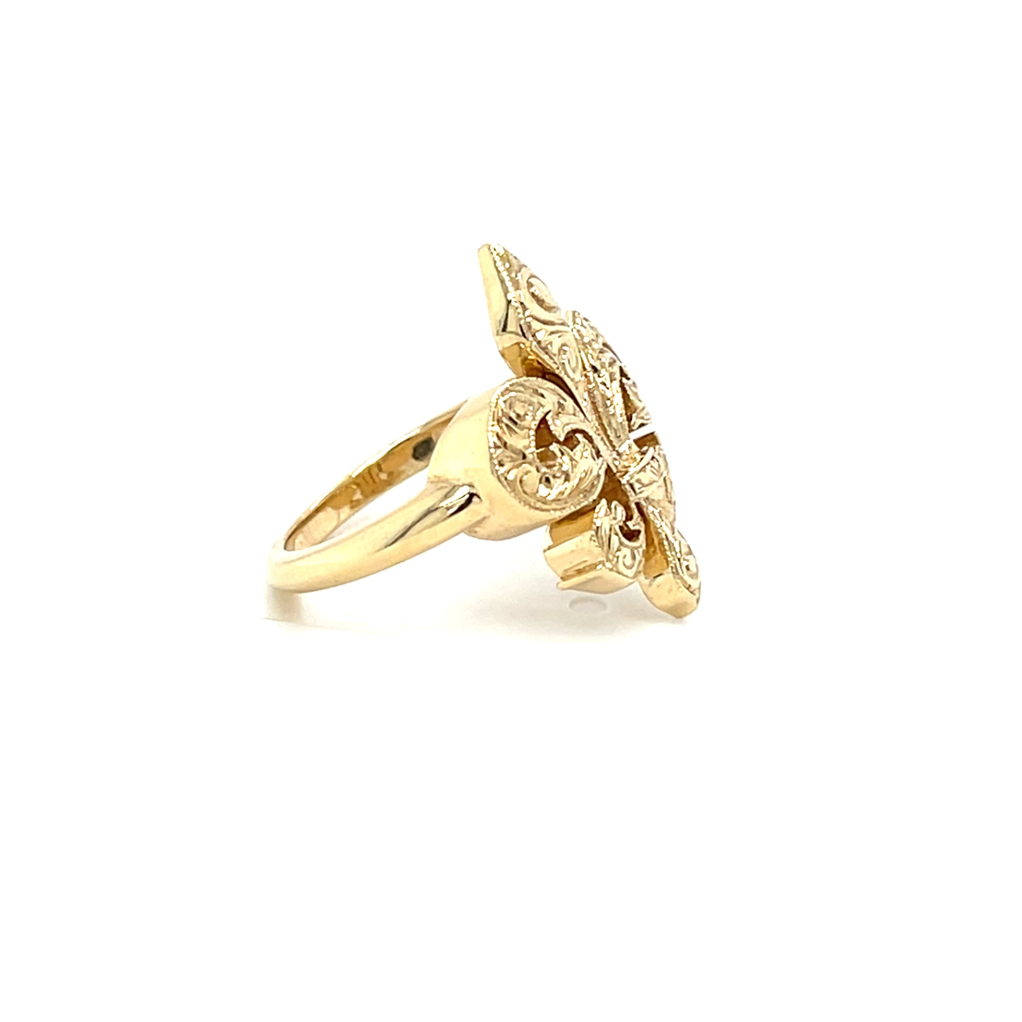 14k Yellow Gold Hand Engraved Fleur de Lis Ring