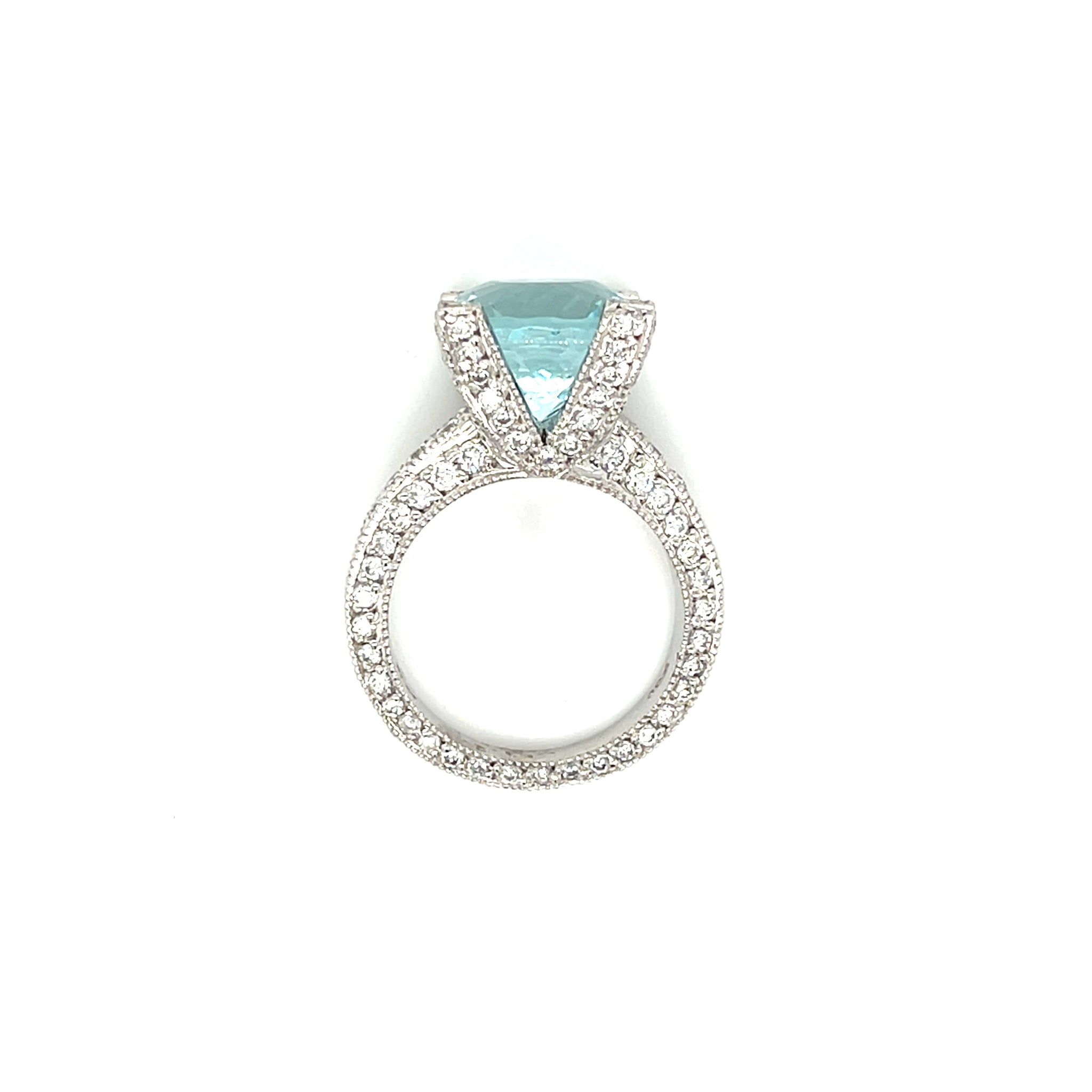 Platinum 6.44ct Round Aquamarine Pave Diamond Ring