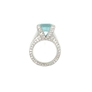 Platinum 6.44ct Round Aquamarine Pave Diamond Ring