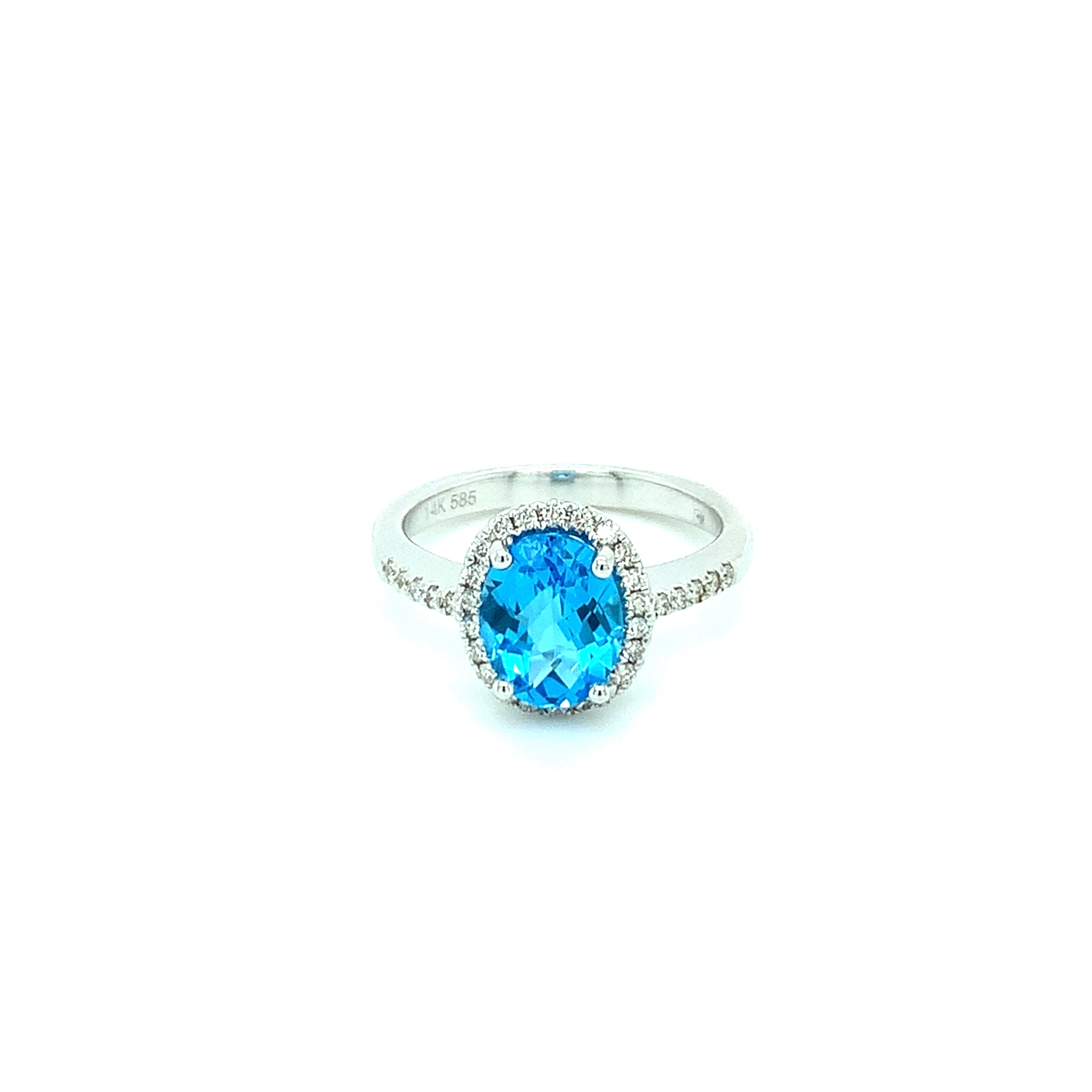 14k White Gold 2.19ct Blue Topaz Diamond Halo Ring