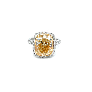 Platinum 6.46ct Fancy Light Yellow Cushion Diamond Halo Ring