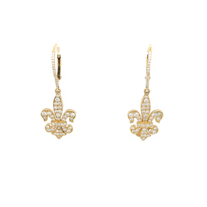 14k Yellow Gold Diamond Fancy Fleur de Lis Dangle Earrings
