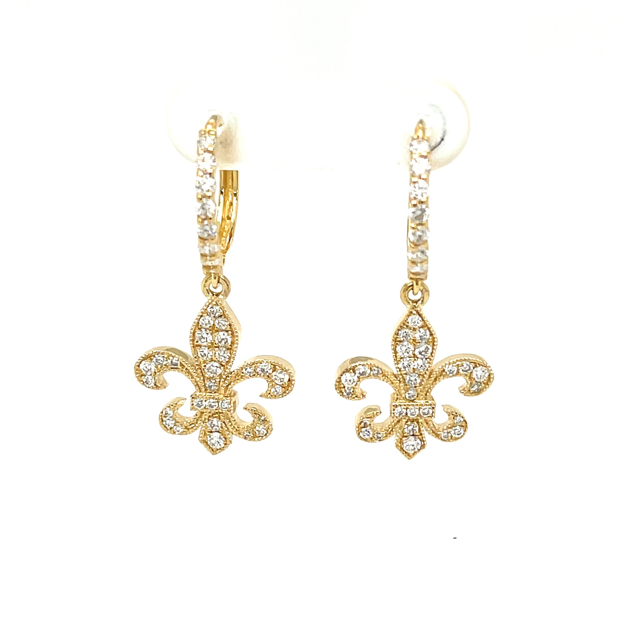 14k Yellow Gold Mini Diamond Fleur de Lis Dangle Earrings